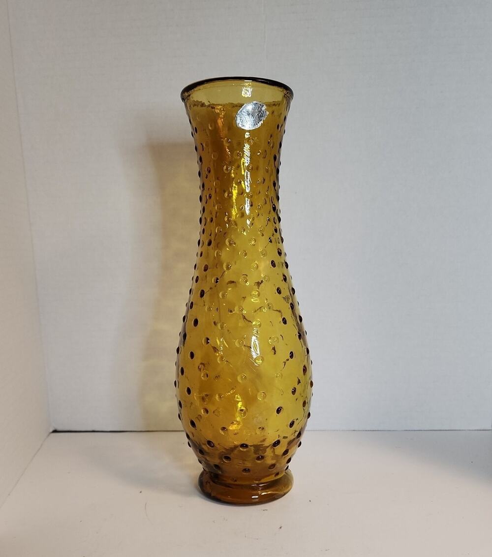 Vtg 1960's Empoli Guildcraft Italy ITALIAN AMBER GLASS 12” HOBNAIL VASE RARE